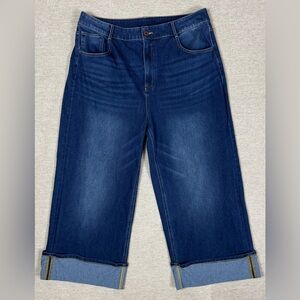 HALARA Flex High Waisted Pockets Rolled Hem Wide Leg Washed Blue Jeans XL 16